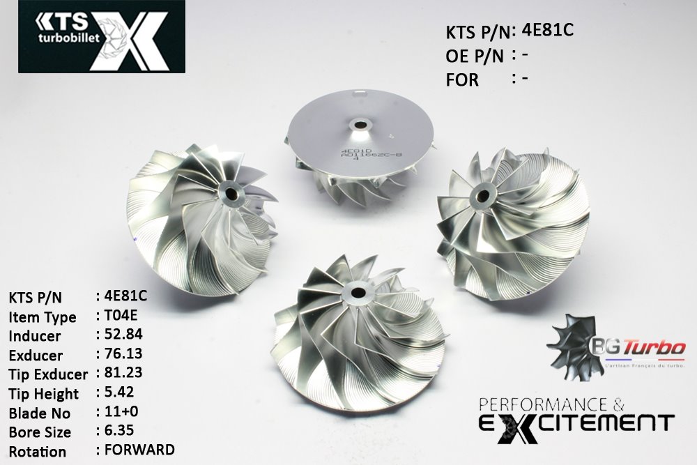 Turbo ROUE FORGÉE MFS PERFORMANCE - 11+0 PALES - INDUCER : 52,84 - EXDUCER : 76,13 - TYPE : T04EANGLE : 55° - ROTATION : Forward - SUPER BACK : 3,79 - BORE SIZE : 6,35
